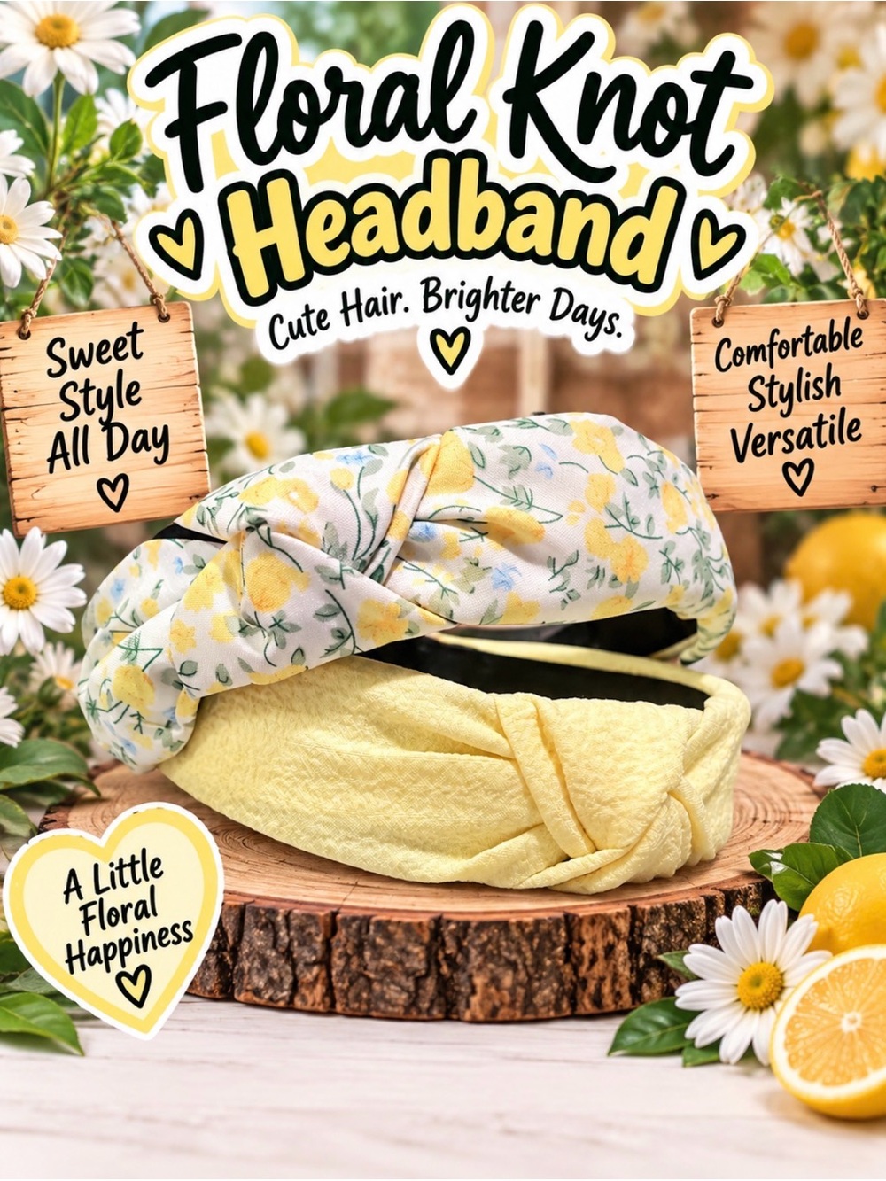 Floral Knot Headband - Yellow Floral & Solid Yellow - Set of 2